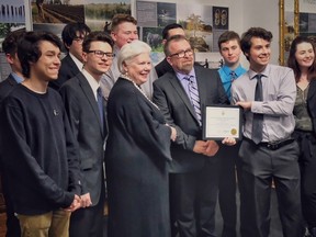 St. Patrick's School students and their teacher Robert Walicki receive an Ontario Heritage Award Feb. 23 in Toronto from Ontario Lieutenant Governor Elizabeth Dowdeswell. The award recognizes the Grade 11 communications technology class' Eye Was Not There project. (Submitted)