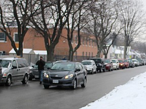 Parking congestion is shown at P. E. McGibbon school in Sarnia in 2015. The school is one of several potential targets for a new Lambton Public Health push to increase walking and cycling to school. (Observer file photo)