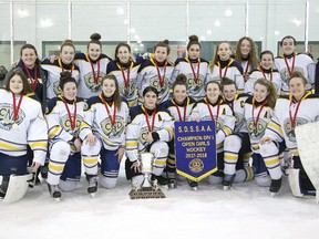 Members of the College Notre Dame Alouettes celebrate winning the Division I city girls hockey championships after defeating the Lo-Ellen Knights in Sudbury, Ont. on Monday February 26, 2018. Gino Donato/Sudbury Star/Postmedia Network