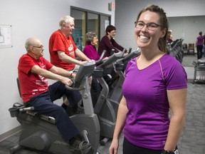 Jane Shackleton is the program director of Healthy Hearts Cardiac Rehabilitation  in Goderich. A few of her clients are left to right, George Warner, Ted Vanderwouden Pearl Needham and Linda Brak.  (Derek Ruttan/The London Free Press)