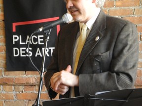 Stephane Gauthier, Place des Arts' chairman of the board of directtors, makes a point at a press conference at Salute Coffee Company Monday. HAROLD CARMICHAEL/SUDBURY STAR