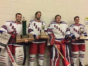 From left: Drew Reinhardt, Kurtis Bartliff, Marc Nother, and Nathan Ansell of the Clinton Radars were honoured prior to last week's semi-final game in Clinton. All four players have demonstrated exceptional efforts throughout the regular season. The team also finished first in the league. (PHOTO BY IZZY SIEBERT/CLINTON NEWS RECORD)