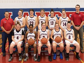 Jenni Thompson, third player from left in the back row; and Brittney Mason, fifth player from left in the back row, were recently named to OCAA East Division All-Star squads. (Lancers Athletics photo)