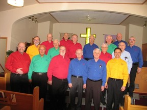 Jack Evans/For The Intelligencer
Lynn Brown, front left, new chorus director of the Quinte Chapter, Ontario Barbershop Society, A Cappella Quinte, made his first appearance in a public performance of the choir on Sunday afternoon in Thomasburg United Church.