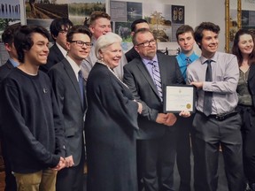 Ontario Lieutenant Governor Elizabeth Dowdeswell (centre) presents the Ontario Heritage Award certificate to St. Patrick's Catholic High School teacher Robert Walicki and students from his grade 11 Communications Technology class at a ceremony on Feb. 23.
Handout/Sarnia This Week