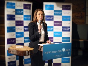 Ontario Progressive Conservative leadership candidate Caroline Mulroney speaks to supporters at a lunch-hour event at the Grizzly Grill in Kingston on Tuesday. (Meghan Balogh/The Whig-Standard)