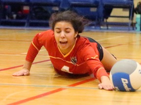 Kiana Huggins of Saunders dives unsuccessfully for a tip during the OFSAA AAA girls volleyball consolation quarterfinal against Ottawa Glebe on Tuesday. The Sabres lost 3-1.  (Mike Hensen/The London Free Press)