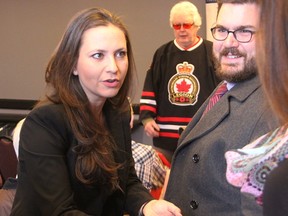Tanya Granic Allen introduces herself at a campaign stop in Sarnia Wednesday. Family and friends were part of the 25-person crowd. Tyler Kula/Sarnia Observer/Postmedia Network