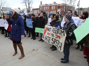 About 150 protesters gather outside Grant Hall university to protest a lecture by University of Toronto professor Jordan Peterson in Kingston on Monday. (Elliot Ferguson/The Whig-Standard)