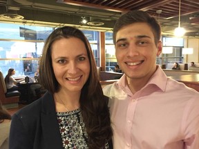 PC leadership hopeful Tanya Granic Allen met Western University Conservative club president Sebastian Skamski and other supporters at The Wave bar on campus Wednesday. (RANDY RICHMOND, The London Free Press)