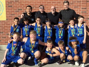 The Huron Lakers novice boys' basketball team won Division 3A bronze medals at the Blessed Sacrament Yellow Jackets Invitational in Hamilton, Ont., on Sunday, March 4. The Lakers are, front row, left: Sean O’Rourke, Mason MacKenzie, Lochlan Kennedy, Evan Iacobelli and Waylon Miller. Middle row: Nolan Wu, Matteo Shaw, Mattias Mosley, Evan MacSweeney, Kai Zeytinoglu, Jace Dillon and Seth Batchelar. Back row: coaches Dave Wu, Craig MacKenzie, Andy Shaw and Conor MacSweeney. (Contributed photo)