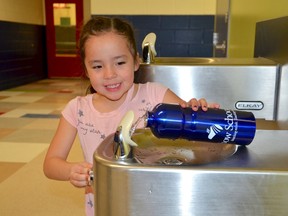 Kindergarten student Azhibikoonz Trudeau, of Princess Anne Public School, fills a water bottle. Rainbow District School Board is inviting students and staff to Go Blue during International World Water Day on March 22. Supplied photo