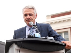 Carolina Hurricanes GM Ron Francis pauses during a street naming ceremony in his honour in his hometown of Sault Ste. Marie in October 2016. (The Canadian Press)