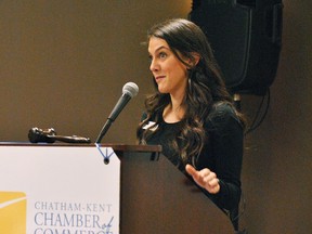 Cecily Coppola speaks at the Chamber of Commerce's 130th annual general meeting at the John D. Bradley Convention Centre after being sworn in as the chamber's new board chair March 8. Tom Morrison/Chatham This Week