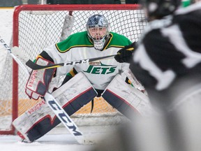 Amherstview Jets goaltender Alexei Masanko was superb in the Provincial Junior Hockey League Tod Division semifinal against the Napanee Raiders, backstopping the Jets to a 4-3 series victory. (Tim Gordanier/The Whig-Standard)