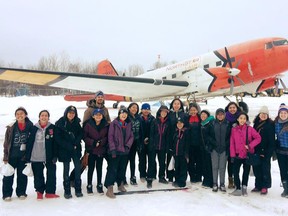 The Rez Girls 64 hockey team stuck at the airport in Sioux Lookout, Ont. prior to their Thunder Bay tournament in April 2017. (Supplied by coach Leslie Campbell)