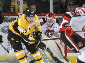 Kingston Frontenacs' Gabe Vilardi looks for the puck in the slot in front of Ottawa 67's goalie Cedrick Andree during first-period Ontario Hockey League action at the Rogers K-Rock Centre on Friday. (Ian MacAlpine/The Whig-Standard)