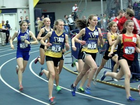 Laurentian's Jenny Bottomley (76) and Megan Crocker (77) compete in the OUA Indoor Track and Field Championships. Jenny Meghan/For The Sudbury Star