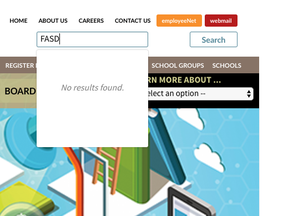 A search of FASD or Fetal Alcohol Syndrome Disorder on the Hastings and Prince Edward District School Board website returns with no results found.