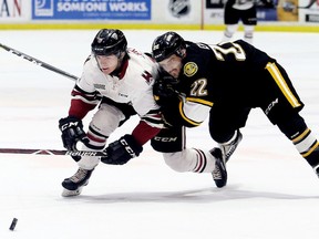 Sarnia Sting's Mitch Eliot (22) battles Guelph Storm's Ryan Merkley (6) in the second period at Progressive Auto Sales Arena in Sarnia, Ont., on Saturday, March 10, 2018. (Mark Malone/Postmedia Network)