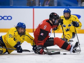 Canada's Tyler McGregor, right, of Forest, Ont., and Sweden's Maximilian Dickson Gyllsten compete for the puck during a para hockey round-robin game at the Gangneung Hockey Centre in Gangneung, South Korea, at the 2018 Winter Paralympic Games on March 10, 2018. (Joel Marklund/AFP PHOTO/OIS/IOC)