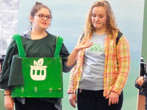 Members of the Mitchell District High School (MDHS) Eco Squad - Falon Schinbein (left), Brooke Christie, Hollie Blackburn, Rhyenne Billings and Shauna Corcoran – rehearse a scene from their play they will perform throughout Perth and Huron county schools over the next few weeks. ANDY BADER/MITCHELL ADVOCATE