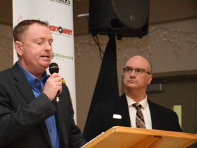 Woodlands County Mayor Jim Rennie (left) and Whitecourt deputy mayor Paul Chauvet give their economic forecasts for 2017 during the Economic Forum on March 8 (Peter Shokeir | Whitecourt Star).