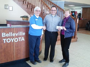 Submitted photo
The Garden Tour received a $1000 sponsorship cheque for the 2018 Garden Tour from Belleville Toyota. This is the largest single sponsorship donation of all time to the Garden Tour. Thank you to Barbara Durnford of the sponsorship committee for making this happen. The tour this year is on Saturday, July 7th. It is the main fundraiser for our scholarship program. President Laura Hare and Barbara Durnford are pictured receiving the donation from Andy Caletti, owner and general manager of Belleville Toyota.