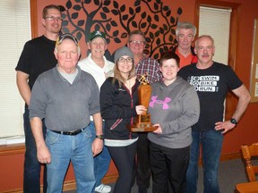 The Exeter curling team tied Goderich-Maitland at the Interclub Curling Championship in Exeter over three nights. This year's final was held at the Exeter Curling Club on Fri., March 2. Above in the back row from (l-r) are Jeremy Van Esbroeck, Rick McGee, Alan Hodgert and Clayton Mank. In the front row from (l-r) are Doug Webber, Brianne Webber, Laura Noakes and Dennis Schneider. Missing from the team photo are Cathy Cade and Greg Urquhart. (Handout/Exeter Lakeshore Times-Advance)