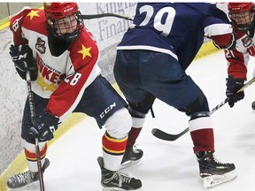 Belleville native and Dukes AP player, Isaac Langdon, works the corners during Game 7 of the Wellington vs. Pickering OJHL playoff series Tuesday night at Essroc Arena. (Bruce Bell/The Intelligencer)