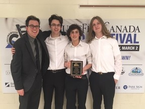 The St. Anne's Catholic Seconday School Jazz Combo "Jazz Cubed" with their award for Gold Standing at Music Fest Canada Regionals. L-R: Music teacher Josh Geddis, Ben Luelo on alto sax, Joshua LeBlanc-Demers on percussion, and Karsten Stryker on guitar. (PHOTO CONTRIBUTED BY JOSH GEDDIS)