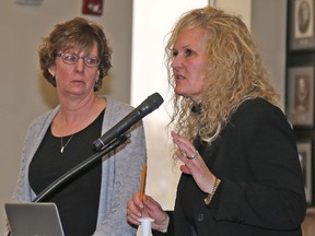 TIM MEEKS/THE INTELLIGENCER
Hastings County Director of Finance, Sue Horwood (left) looks on as Erin Rivers, Director fo Community and Human Services explains and item in the 2018 budget Wednesday.