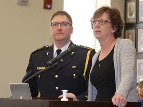 TIM MEEKS/THE INTELLIGENCER
Director of EMS Doug Socha looks on as Hastings County Director of Finance Sue Horwood discusses an item in the 2018 Emergency Services budget Wednesday.