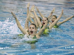 Members of the Sudbury Synchro Club 11-12 team compete in the team routine event at the Jeno Tihanyi Olympic Gold Pool in Sudbury, Ont. on Sunday March 11, 2018. Gino Donato/Sudbury Star/Postmedia Network