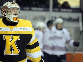 Kingston Frontenacs goalie Jeremy Helvig looks up at the replay after the Oshawa Generals scored their first goal of the night during the first period of Ontario Hockey League action at the Rogers K-Rock Centre in Kingston on Wednesday. (Steph Crosier/The Whig-Standard)