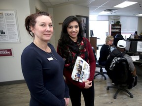 Anne Vincent, left,  Employer Liaison at KEYS, and job seeker Zunarah Siddiqui at the KEYS Job Centre in Kingston on Thursday, will be at the Kingston Job Fair on March 20. (Ian MacAlpine/The Whig-Standard)