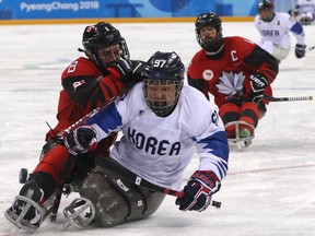 South Korea's Choi Si-woo tries to keep the puck away from Canada's Tyler McGregor of Forest, Ont., during a para hockey semifinal at the 2018 Winter Paralympics at the Gangneung Hockey Center in Gangneung, South Korea, on Thursday, March 15, 2018. (NG HAN GUAN/The Associated Press)
