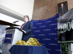 Gordon Stothart, executive vice president and COO of IAMGOLD Corp., Inc. announces a $2-million investment for the Bharti School of Engineering at Laurentian University on Thursday. Gino Donato/Sudbury Star/Postmedia Network