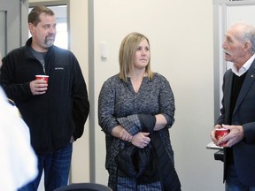 Shelly Stevens and Greg Blanchard speak with Alonzo HarrisThursday at the Emergency Medical Services building on Seymour Street. The couple jumped into action in January to help save Harris' life when he suffered a heart attack while driving. 
Gord Young/The Nugget