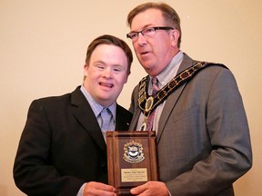 2017 Tillsonburg Citizen of the Year Matthew MacNeil with Tillsonburg Mayor Stephen Molnar. (CHRIS ABBOTT/TILLSONBURG NEWS)