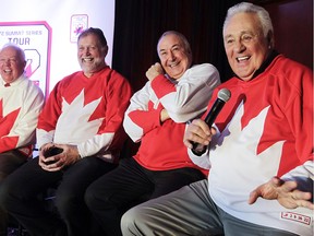 Team Canada 1972 alumni (from left) Yvan Cournoyer, Pete Mahovlich, Guy Lapointe and Phil Esposito share a laugh during an interview in Montreal in 2016. (John Kenney/Postmedia Network)