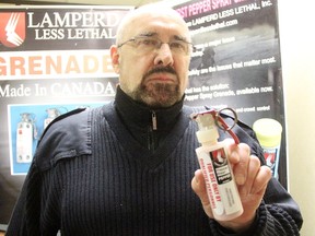 Barry Lamperd of Lamperd Less Lethal is touting his company's Pepper Blast as a way to combat school shootings. He's trying to get the ear of school boards in the United States. (Tyler Kula/Sarnia Observer)