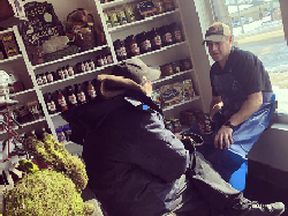 Wilhauk Beef Jerky proprietor Trevor Wilhauk speaks with a local homeless man. The Wilhauk’s have spearheaded a campaign to provide assistance to homeless people in the region. - Photo supplied