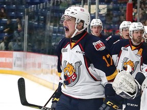 Former Sudbury Wolves player Dmitry Sokolov, of the Barrie Colts, celebrates his 50th goal during OHL action against the Wolves at the Sudbury Community Arena in Sudbury, Ont. on Friday March 16, 2018. John Lappa/Sudbury Star/Postmedia Network