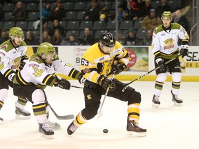 Kingston Frontenac forward Cliff Pu breaks through the North Bay Battalion defence during the second period of Friday night's Ontario Hockey League game at the Rogers K-Rock Centre in Kingston. (Elliot Ferguson/The Whig-Standard)