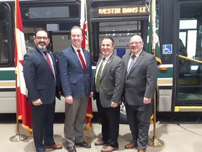 Keith Dempsey/For The Sudbury Star
Sudbury MPP Glenn Thibeault, Sudbury MP Paul Lefebvre, Nickel Belt MP Marc Serre and Mayor Brian Bigger announced a provincial, federal, and city funding – combined $99-million — over the next ten years, during a press conference at the Greater Sudbury Transit and Fleet Centre on Friday.