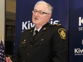 Sarnia Police Chief Phil Nelson speaks to Seaway Kiwanis members at a recent club meeting. Many things have changed in policing since he started in 1974, Nelson said. Tyler Kula/Sarnia Observer/Postmedia Network