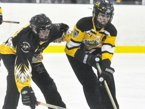 Maddie Hill (32) of the Mitchell U19A ringette team stays close to her check against Markham during action from the Ontario Ringette Association (ORA) ‘A’ championship tournament in Kitchener. The Stingers won 4-3. ANDY BADER/MITCHELL ADVOCATE