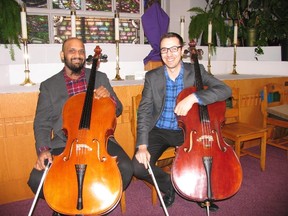Jack Evans/For The Intelligencer
Cellists Amahl Arulanandam, left, and Bryan Holt pose in the sanctuary of St. Thomas Anglican Church prior to their hugely successful concert Sunday afternoon.
