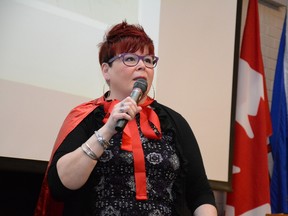 Keynote speaker Heather Anderson tells women to "embrace your cape" during the 2018 Women’s Conference at Hilltop High School on March 17 (Peter Shokeir | Whitecourt Star).
